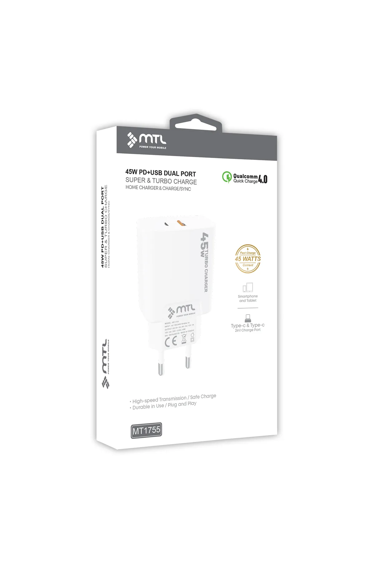 MTL 45W Turbo Type-C ve USB Çift Girişli Şarj Adaptörü QC 4.0 MT1755