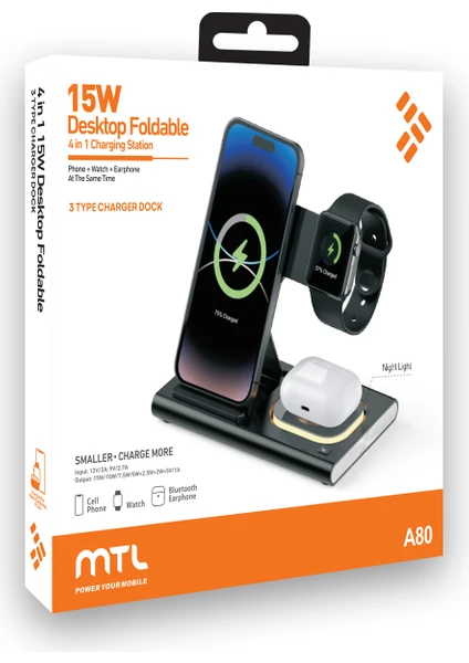 MTL MagSafe Destekli 3'ü 1 Arada Kablosuz Şarj Cihazı – Telefon, Akıllı Saat ve Kulaklık İçin MTL A80