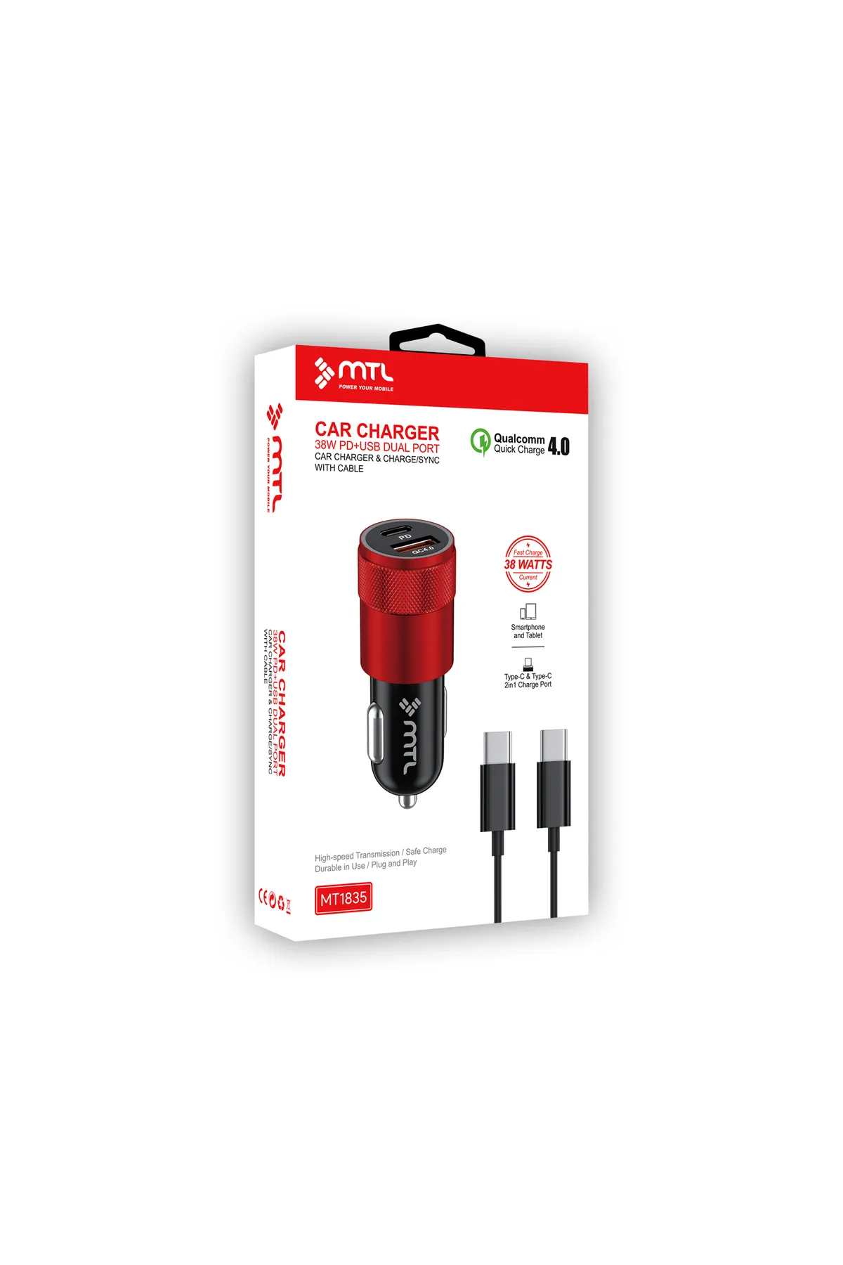 MTL 38 W PD + QC 4.0 Çift Çıkışlı Araç Şarj Cihazı + Type‑C to Type‑C 1 m Kablo – Kırmızı Metal MT1835