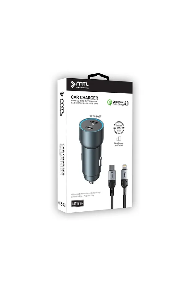 MTL Araç Şarj Cihazı 60 W Çift Çıkışlı (Lightning Port ve Type-C Port Çıkışlı) MT1836
