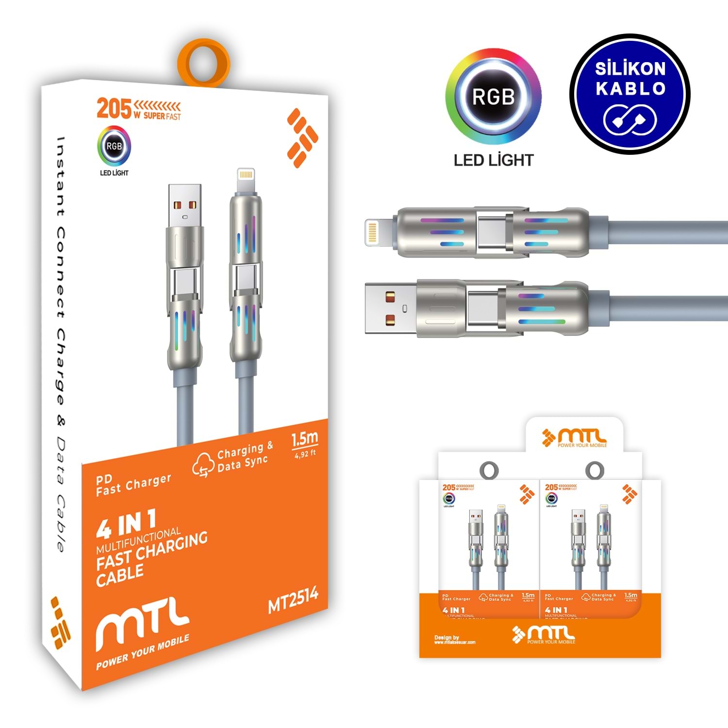 MTL 4 In 1 Silikon Hızlı Şarj Ve Macbook Tablet Telefon Şarj Data Kablosu Kablosu 1.5 Metre 205w Mt2514