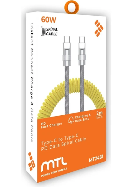 MTL Type-C to Type-C Spiral Hızlı Şarj ve Data Aktarım Kablosu 2 Metre 60W MT2461