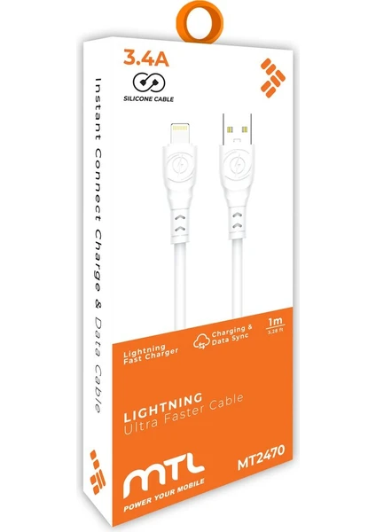 MTL USB to iPhone Lightning Silikon Hızlı Şarj ve Data Aktarım Kablosu 1 Metre 3.4 Amper MT2470