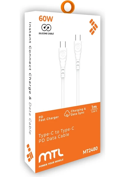 MTL Type-C to Type-C Silikon Hızlı Şarj ve Data Aktarım Kablosu 1 Metre 60W MT2480