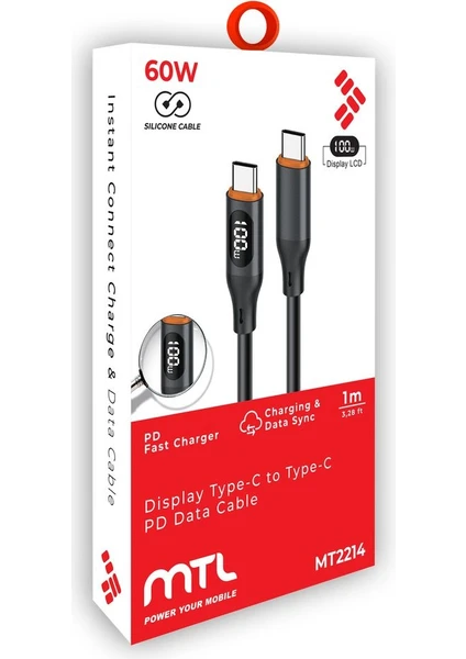 MTL Type-C to Type-C Watt Göstergeli Silikon Hızlı Şarj ve Data Aktarım Kablosu 1 Metre 60W MT2214