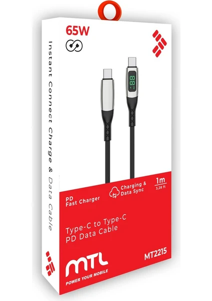 MTL Watt Göstergeli Type-C to Type-C PD Hasır Şarj ve Data Aktarım Kablosu 1 Metre 65W MT2215