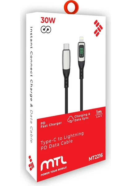 MTL Watt Göstergeli iPhone Lightning to Type-C PD Hasır Şarj ve Data Aktarım Kablosu 1 Metre 30W MT2216