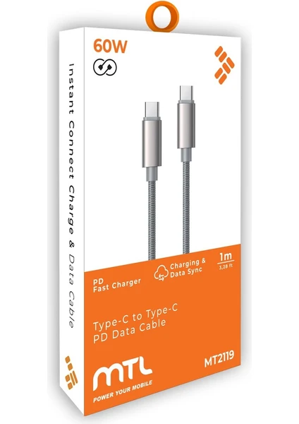 MTL Type-C to Type-C PD Hasır Hızlı Şarj Ve Data Aktarım Kablosu 60 Watt 1 Metre MT2119