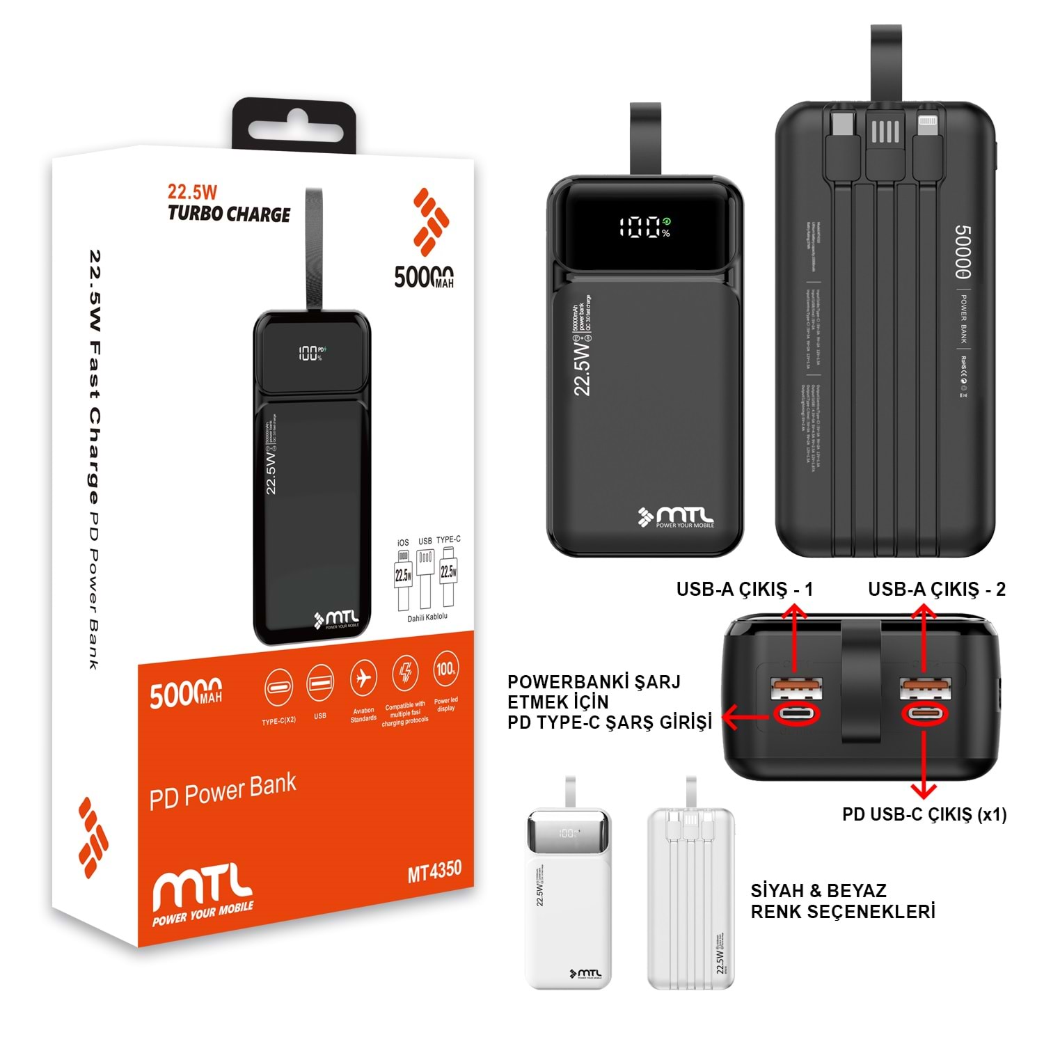 MT4350 50.000 MAH DAHİLİ KABLOLU 22,5 WATT TURBO ŞARJ POWERBANK /20